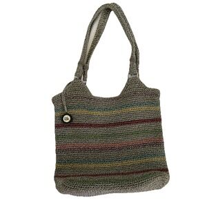 The Sak Multicolored Crochet Belle Lined Hobo Bag Stripes Shoulder Bag Taupe